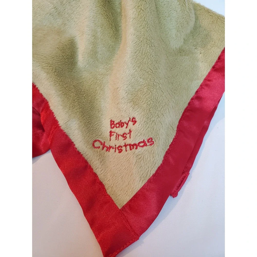Baby Reindeer Security Blanket Lovey First Christmas Embroidered Plush Red Satin